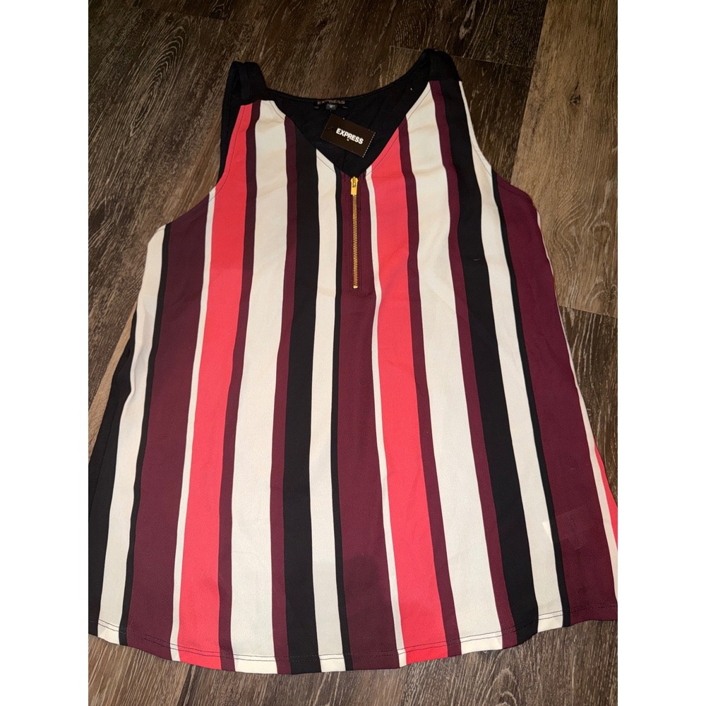 Express Womens Medium Red Burgundy Striped Sleeveless V-Neck Half Zip‎ Blouse